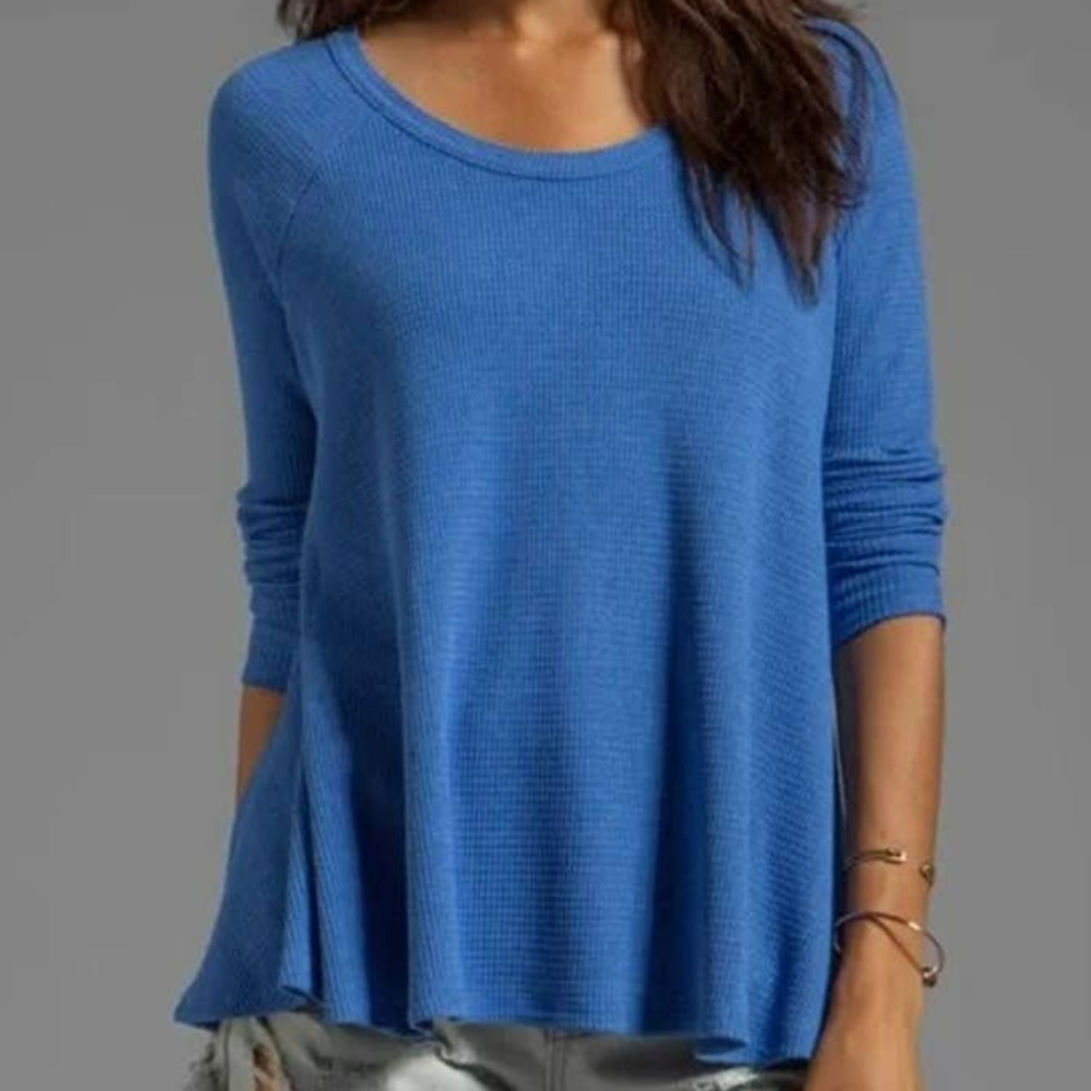Free People Blue Waffle Knit Long Sleeve Swing Top